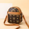 Brown monogram crossbody phone bag, vintage print mini shoulder bag with zipper pocket. - Letter M