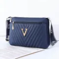 Blue quilted women's shoulder bag with V metal logo, casual crossbody bag for daily use. - Dark Blue