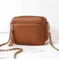 Stylish brown PU leather crossbody shoulder bag with chain strap and tassel charm for women. - Yellow Brown