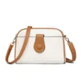 Womens white and brown crossbody shoulder bag, stylish PU leather shell bag with zipper closure. - White