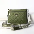 Green quilted crossbody bag for women, trendy shoulder handbag with wide strap and metal tag. - Army Green