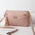 Pink quilted crossbody shoulder bag with tassel charm and stylish strap for women. - Rubber Red - Heart Embroidered Bag