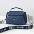 Blue quilted women crossbody handbag with top handle and branded shoulder strap daily use. - Dark Blue