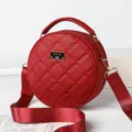Red round quilted crossbody bag with heart embroidery, stylish women's shoulder bag with handle. - Jujube Red