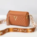 Brown cylinder crossbody bag for women, stylish barrel shoulder bag with metal V logo. - Yellow Brown
