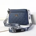 Dark blue quilted crossbody shoulder bag for women, stylish wide strap design with metal logo. - Dark Blue