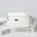 White quilted crossbody shoulder bag with top handle and wide letter strap for women. - White