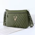 Green quilted shoulder bag for women, stylish crossbody bag with metal V logo and wide strap. - Army Green