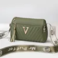 Green cylindrical crossbody shoulder bag with metal V logo, tassel and stylish strap. - Army Green