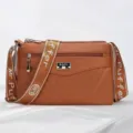 Brown PU leather crossbody shoulder bag with wide strap, stylish street trend square bag. - Yellow Brown