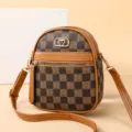 Small brown checkered crossbody phone bag for women, stylish vintage shoulder bag with strap. - Lattice Floral