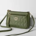 Green quilted women crossbody bag small shoulder bag with double heart and tassel pendant - Army Green