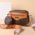 Stylish PU leather crossbody shoulder bag with a small coin purse and strap logo for women. - Letter Print