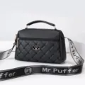 Black quilted women handbag, elegant top handle crossbody bag with stylish logo strap. - Black