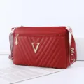 Red quilted PU leather women crossbody shoulder bag with metal V logo and chic wide strap. - Burgundy