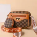 Brown checkerboard crossbody bag with small round pouch and wide strap for women stylish. - Lattice Floral