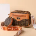 Brown letter print crossbody bag with coin purse and wide strap for women stylish daily use. - Large Abstract Print