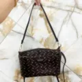 Detailed view of the multi-layer crossbody shoulder bag with stylish monogram print and zip pockets. - Small Letter