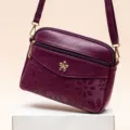 Purple embossed floral leather crossbody bag, stylish women's shoulder bag with multi-pockets. - Purple