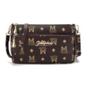 Brown multi-layer crossbody bag for women with monogram pattern and gold hardware. - Letter M