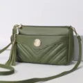 Green soft leather women crossbody bag, multi-layer shoulder bag with tassel charm. - Army Green