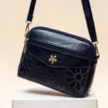 Navy blue women floral embossed crossbody shoulder bag with multi zipper and metal charm. - Dark Blue