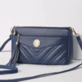 Dark blue soft leather women crossbody bag with tassel and multi-layer pockets for daily use. - Dark Blue