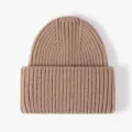 Brown cuffed knit beanie for women men, thick warm winter slouchy skull cap, casual solid color. - One Size / Khaki
