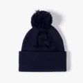 Autumn winter solid color navy blue pom pom knitted beanie hat warm thick winter hat for men women - One Size / Navy Blue