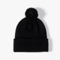 Solid color winter knitted beanie hat with pom pom, thick warm casual cap for women and men. - One Size / Black