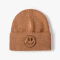 Brown knitted beanie hat with cute embroidered smiley face for autumn and winter warmth - One Size / Khaki