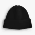 Black knitted beanie hat for women and men, warm winter cuffed solid color skull cap. - Black