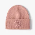 Pink Knitted Beanie Winter Warm Hat with Cute Smiley Face Embroidery Casual Solid Color - One Size / Pink