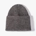 Dark grey ribbed knit beanie hat, thick winter warm slouchy pull-on cap for men and women. - Gray