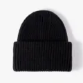 Black ribbed knit beanie winter warm thick cuffed hat casual solid color winter skull cap - One Size / Black