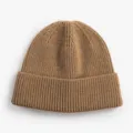 Brown ribbed knit beanie hat, solid color winter warm cuffed cap for men and women. - Khaki