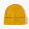 Yellow ribbed knit beanie hat, stylish rolled cuff winter warm woolen cap for men and women - One Size / Turmeric