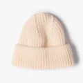 Beige winter knitted beanie hat, soft rabbit hair imitation, cozy ribbed cuff stylish cap. - One Size / Milk White