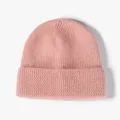 Comfortable pink knitted beanie hat, stylish winter warm ribbed cuff wool cap for daily use - One Size / Light Pink