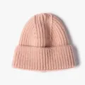 Pink ribbed knit beanie winter hat, soft warm faux rabbit hair slouchy skull cap for women. - One Size / Light Pink