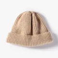 Plain solid color knitted beanie hat, cozy warm winter casual ribbed cap in khaki color. - One Size / Off White