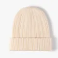 Solid ribbed knit beanie hat in cream white color, cozy winter warm cuff cap style. - Creamy White