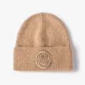 Khaki knitted beanie for men and women, cozy winter warm hat with cute embroidered smiley face. - One Size / Beige