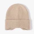 Khaki ribbed knitted beanie hat with cuffed design, warm winter ear-flap wool hat for women. - One Size / Beige