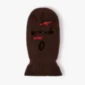 Brown 3-hole knitted balaclava ski mask with red embroidery tactical streetwear cap. - Coffee