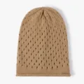 Khaki knitted hollow slouchy beanie for women, breathable cotton autumn winter warm hat. - One Size / Earthy Yellow