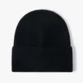 Black ribbed knit beanie winter hat, casual warm cuffed knitted skull cap for cold weather. - Black