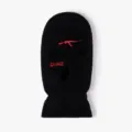 Black 3-hole knitted balaclava with red AK embroidery and savage text for outdoor activities. - Black
