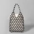Handcrafted wooden bead tote bag with canvas drawstring inner pouch for beach vacation. - 15x4x25cm / Black + White