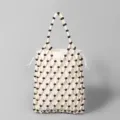 Handmade wooden bead woven handbag with canvas drawstring inner pouch, chic beach resort bag. - 15x4x25cm / Ivory White and Black
